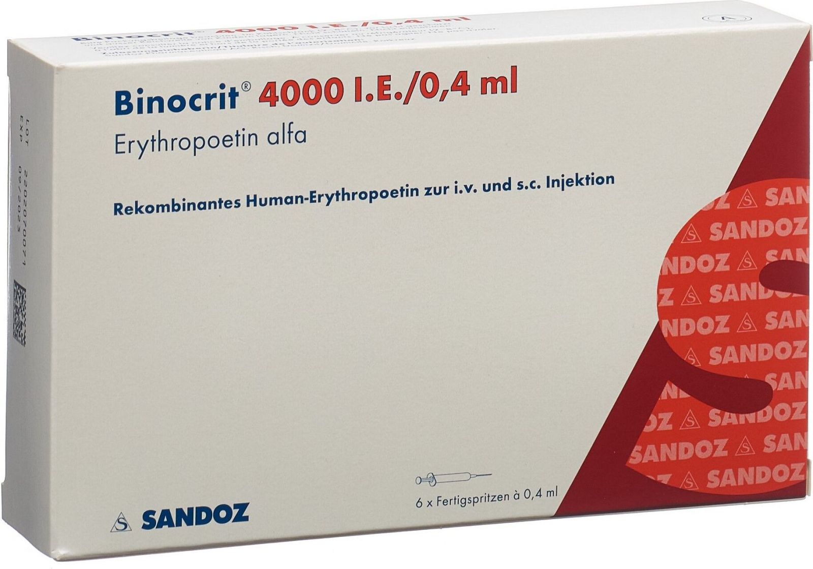 Binocrit 4000 IE 0,4 ml. 6 injektionsvæske, opløsning i fyldte sprøjter Epoetin Alfa Sandoz